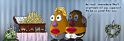 Description: Mrs. Potato Head and friend mourning at casket full of fries. Caption: he read somewhere that vegetable oil was supposed to be so good for you