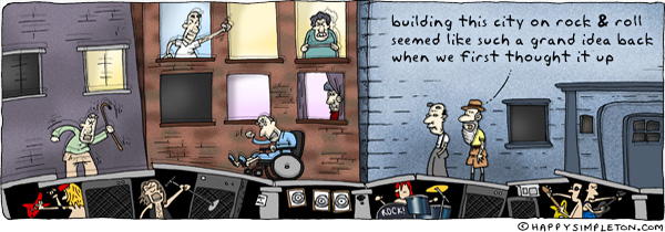 Description: A city built on top of rock and roll musicians, residents complaining. Caption: building this city on rock and roll seemed like such a grand idea when we first though it up