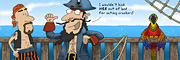 Description: Two pirates eyeballing a colorful parrot. Caption: I wouldn't kick HER out of bed for eating crackers