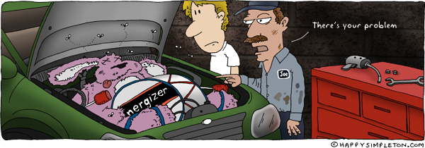 Description: Mechanic and car owner looking under the hood of a car and finding a dead Energizer bunny. Caption: There's your problem