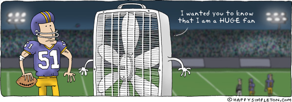 Description: A gigantic fan talking to a football player. Caption: I wanted you to know that I am a HUGE fan