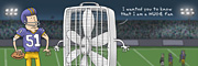 Description: A gigantic fan talking to a football player. Caption: I wanted you to know that I am a HUGE fan