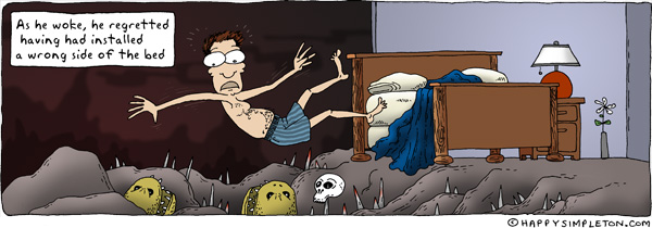Description: Man falling out of bed into a pit with spikes and chompy monsters. Caption: As he woke, he regretted having had installed a wrong side of the bed