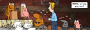 Description: Man with fork and knife looking at laughing animals and cow mocking pig on stage. Caption: Oops, wrong pig roast