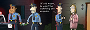 Description: Two policemen taking a bug-eyed pile of money away in cuffs.  Third policeman speaking with woman in a bathrobe. Caption: it's ok maam, he won't be watching you any more
