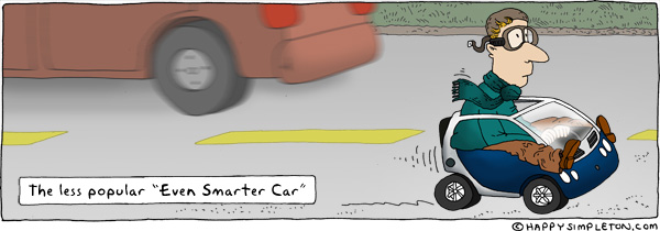 Description: Man driving a smaller version of the Smart Car. Caption: The less popular 'Even Smarter Car'