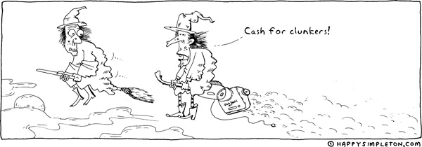 Description: Two witches flying, one on a broom and one on a vaccuum cleaner. Caption: Cash for clunkers!