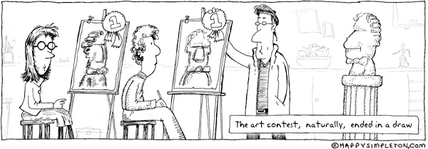 Description: Art instructor awarding two students first place for their sketches. Caption: The art contest, naturally, ended in a draw