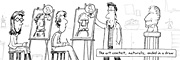Description: Art instructor awarding two students first place for their sketches. Caption: The art contest, naturally, ended in a draw