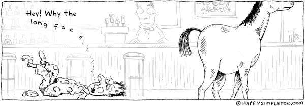 Description: Fellow lying on floor all thrashed.  Horse walking away.  Bartender looking on.. Caption: Hey! Why the long face?