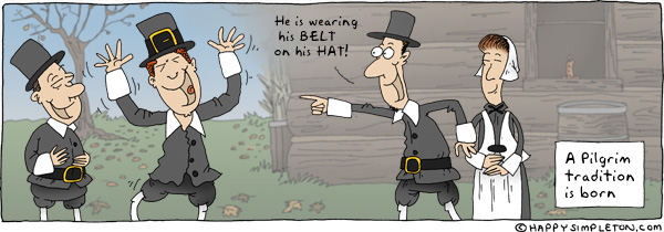 Description: A Pilgrim goofing off with his belt around his hat. Caption: A Pilgrim tradition is born