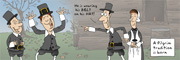 Description: A Pilgrim goofing off with his belt around his hat. Caption: A Pilgrim tradition is born