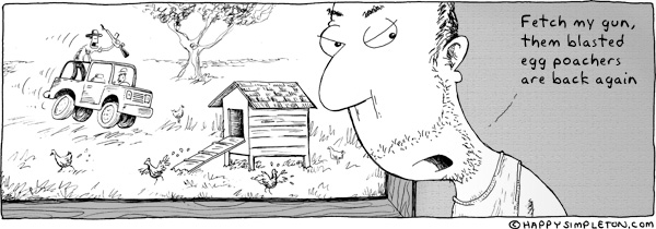 Description: Man looking back into house.  Outside a jeep full of gun-toting ruffians are headed towards a chicken coop. Caption: Fetch my gun, them blasted egg poachers are back again