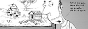 Description: Man looking back into house.  Outside a jeep full of gun-toting ruffians are headed towards a chicken coop. Caption: Fetch my gun, them blasted egg poachers are back again