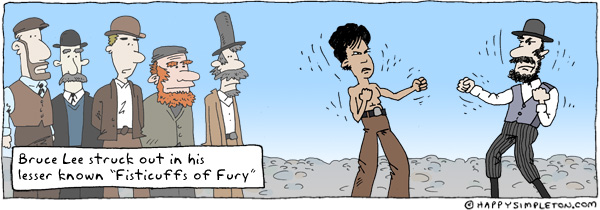Description: Bruce Lee engaging in fisticuffs with an old timey guy. Caption: Bruce Lee struck out in his lesser known 'Fisticuffs of Fury'