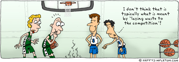 Description: Two teams of basketball players looking at the floor, a little grossed out.. Caption: I don't think that is typically what is meant by 