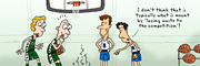 Description: Two teams of basketball players looking at the floor, a little grossed out.. Caption: I don't think that is typically what is meant by 'laying waste to the competition'!