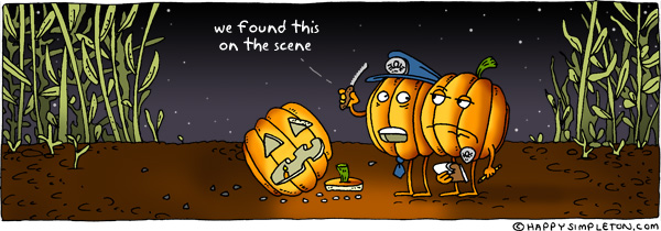 Description: Two pumpkins investigating a carving-style homicide. Caption: we found this one the scene