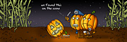 Description: Two pumpkins investigating a carving-style homicide. Caption: we found this one the scene