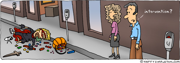 Description: Two people looking at a kid passed out from eating too much candy. Caption: intervention?
