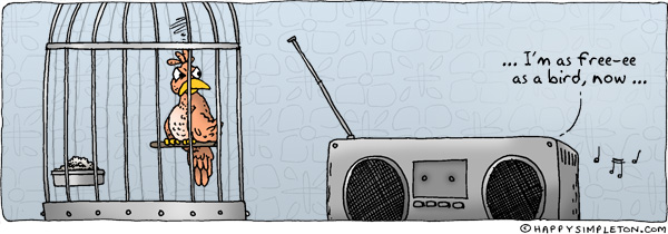 Description: Stereo playing music.  Bird giving stereo the evil eye.. Caption: ... I'm as free-ee as a bird, now ...