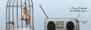 Description: Stereo playing music.  Bird giving stereo the evil eye.. Caption: ... I'm as free-ee as a bird, now ...