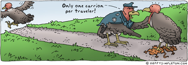 Description: A vulture in airport security garb preventing another from taking off. Caption: Only one carrion per traveler!