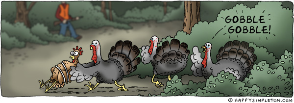 Description: Turkeys pushing a tied up chicken out from behind a bush while shouting 'gobble gobble'. Hunter in background.. Caption: GOBBLE GOBBLE!
