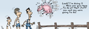 Description: Pig flying with feathers and yelling at three farmers. Caption: Look! I'm doing it ... Now you guys have to do all that stuff you said you were going to do!