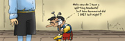 Description: Pinnochio with some nails stuck in his head. Caption: Holy cow do I have a splitting headache! Just how hammered did I GET last night?