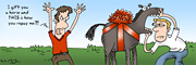 Description: Man looking in a horse's mouth.  The horse is wearing a ribbon and a bow.  Another man looks on frustrated.. Caption: I gift you a horse and this is how you repay me?!?