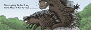 Description: A porcupine spanking its kid. Caption: This is going to hurt me more than it hurts you