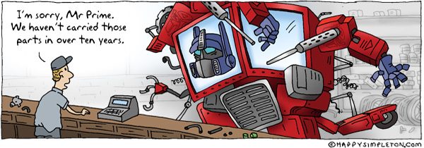 Description: Optimus Prime at a parts store, stuck halfway transformed.. Caption: I'm sorry, Mr. Prime. We haven't carried those parts in over ten years.