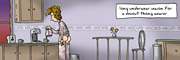 Description: Lady pouring coffee wearing a thong-friendly long underwear. Caption: Long underwear season for a devout thong wearer