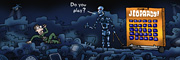 Description: Terminator approaching cowering human with a portable Jeopardy board in an apocalyptic future. Caption: Do you play?