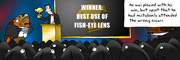 Description: Man receiving award from a fish in front of a fish-crowd. Caption: He was pleased with his win, but upset that he had mistakenly attended the wrong oscars