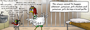 Description: A Jamaican shrimp and chicken in jail yelling at each other. Caption: This always seemed to happen whenever jamaican jerk chicken and jamaican jerk shrimp crossed paths