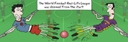 Description: People mounted like foosball players, unable to reach the ball. Caption: The World Real-Life Foosball League was doomed from the start