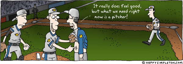 Description: Team coach approaching the mound, only to have his belly itched by the pitcher. Caption: It really does feel good, but what we need right now is a pitcher!
