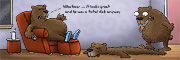 Description: Two bears looking at a bear skin rug. Caption: Whatever … it looks great and he was a total dick anyway