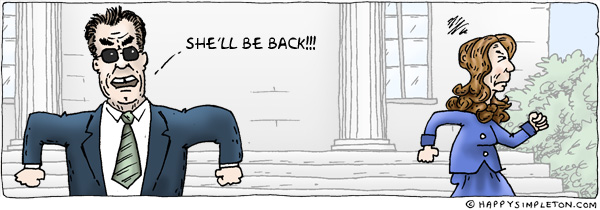 Description: Arnold Schwarzenegger commenting as Maria walks away. Caption: She'll be back!