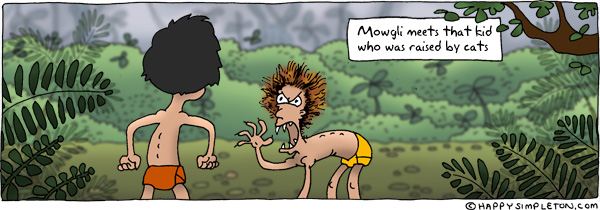 Description: A jungle kid taking up a scared cat posed as he is approached.. Caption: Mowgli meets that kid who was raised by cats