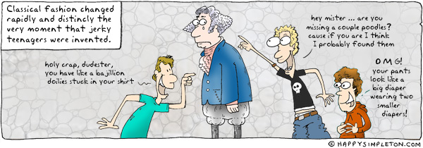 Description: Teenagers picking on a dude in a fancy-guy outfit. Caption: Classical fashion changed rapidly and distinctly the very moment that jerky teenagers were invented