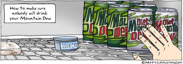 Description: A hand pushing Diet Mountain Dew in front of a bunch of regular. Caption: How to make sure nobody will drink your Mountain Dew