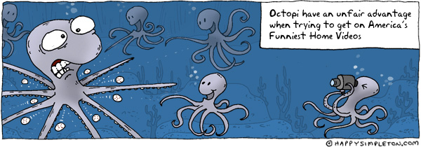 Description: A bunch of small octopi throwing baseballs at a larger octopus' many crotches. Caption: Octopi have an unfair advantage when trying to get on America's Funniest Home Videos