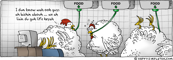 Description: Super fat chickens in a coop being force fed.  Once loves it and is watching television.. Caption: I don't know what you guys are bitching about ... we are living the good life here.