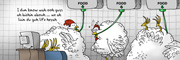 Description: Super fat chickens in a coop being force fed.  Once loves it and is watching television.. Caption: I don't know what you guys are bitching about ... we are living the good life here.