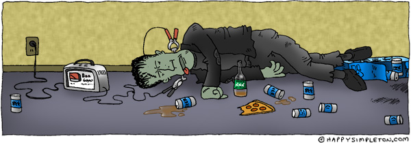 Description: Frankenstein recovering from a night of partying.  He is plugged in to a car battery charger.. Caption: 