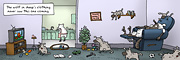Description: A wolf in an armchair, watching a bunch of wolf-sheep hybrid kids tearing around and a sheep doing dishes in the kitchen. Caption: The wolf in sheep's clothing never saw this one coming