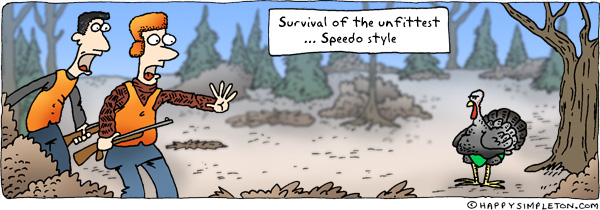 Description: Two hunters grossed out by a turkey in a speedo. Caption: Survival of the unfittest … speedo style